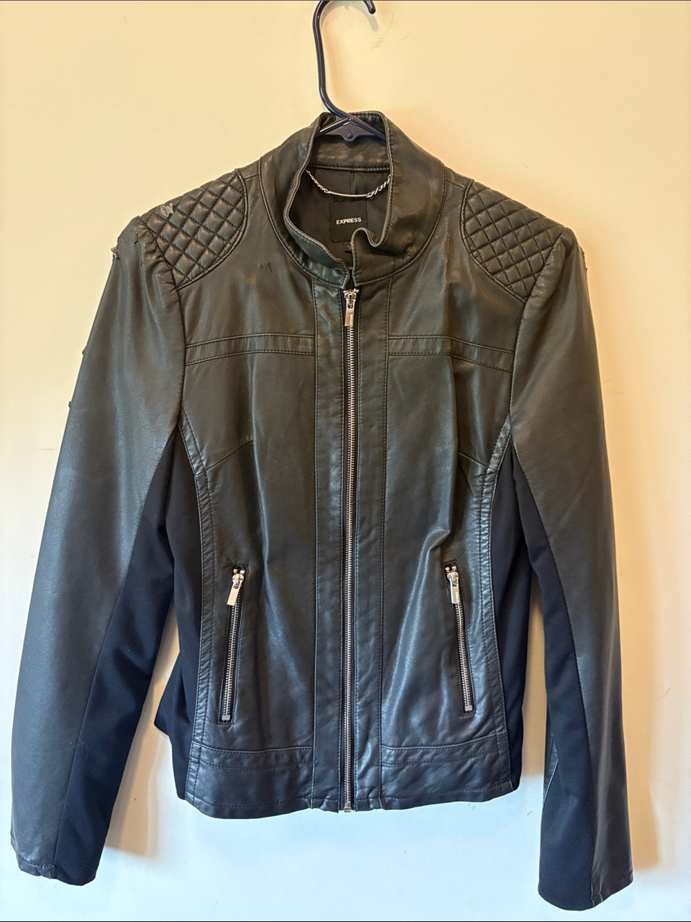 Express Black Quilted-Shoulder Faux Leather Bomber Jacket